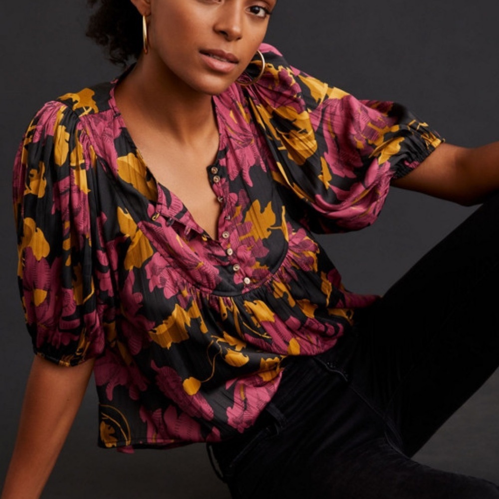 By Anthropologie Drapey Henley Pullover Top Small Bohemian Puff Sleeve Blouse